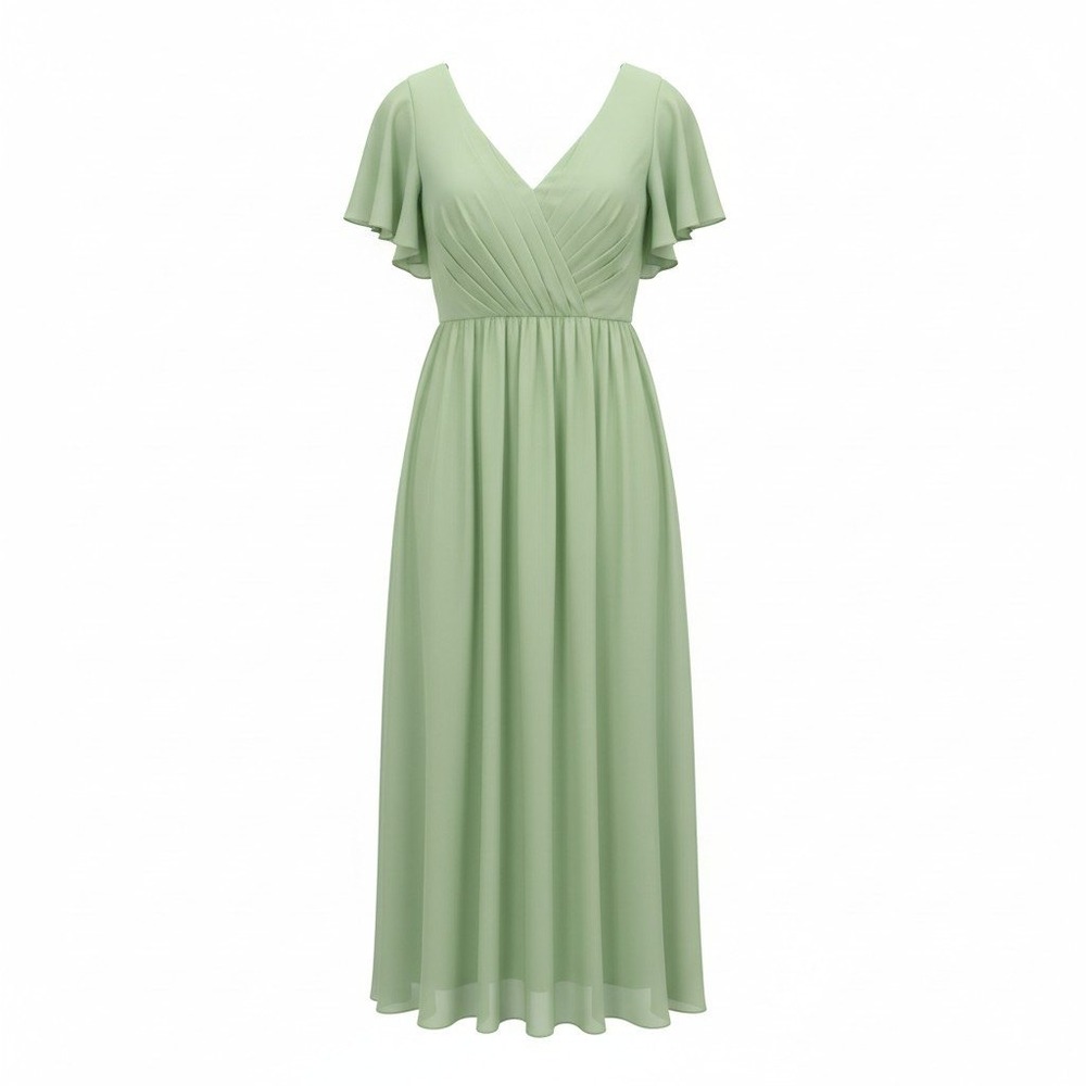 Womens Formal Sage Green Flutter Sleeve V-Neck Pleated Bodice Maxi Dress Gown